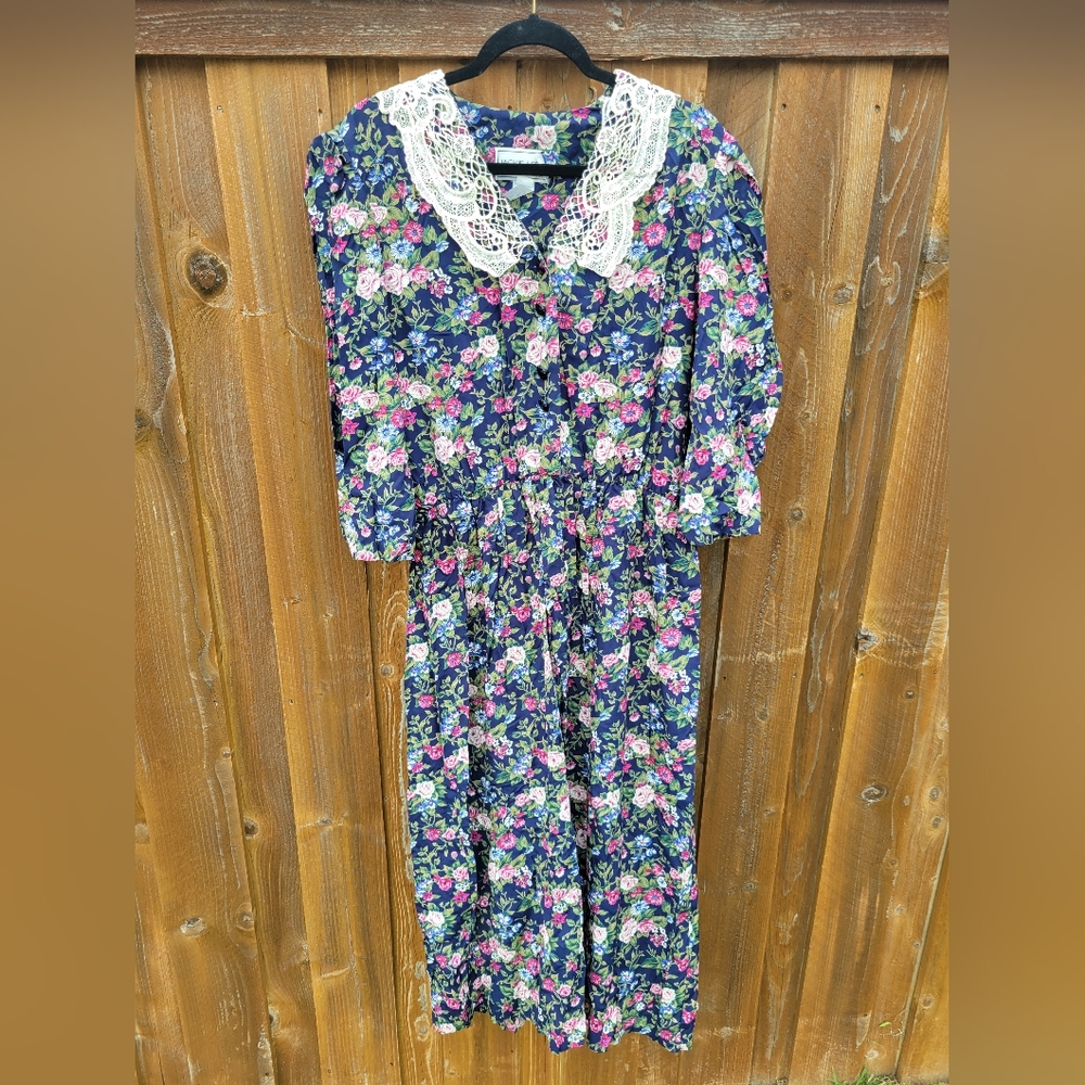 Vintage Jackie & Eric by Mary Ann Carpenter Floral Long Sleeve Midi Dress